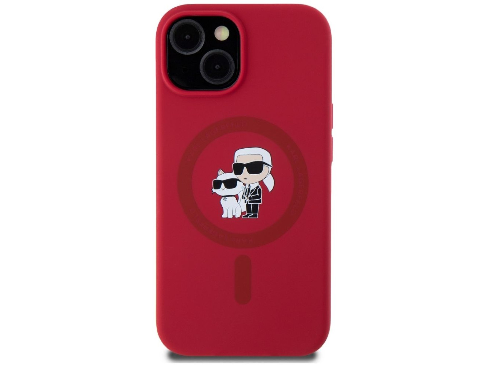 Karl Lagerfeld Silicone Karl&Choupette Heads Ring MagSafe iPhone 15 Case - Red