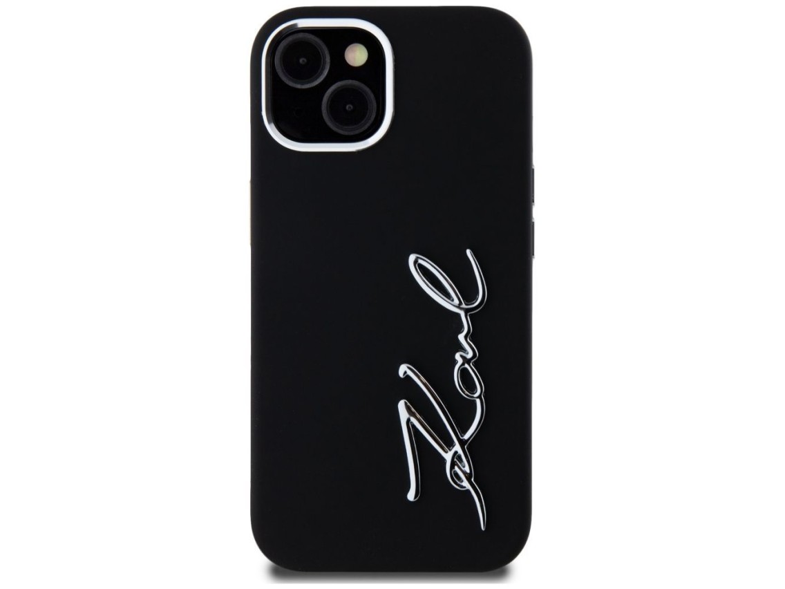 Karl Lagerfeld Silicone Metal Script Logo iPhone 15 Case - Black