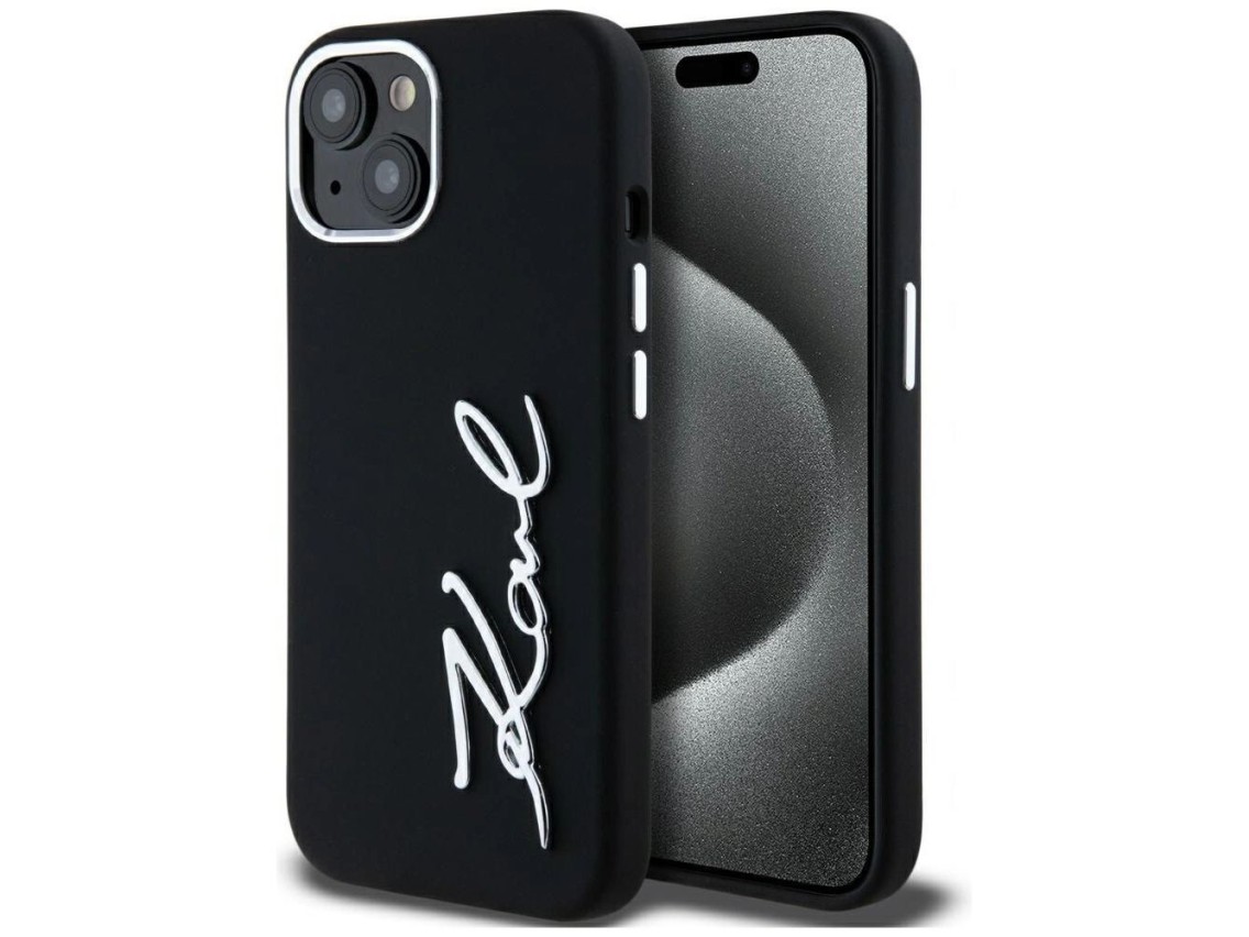 Karl Lagerfeld Silicone Metal Script Logo iPhone 15 Case - Black