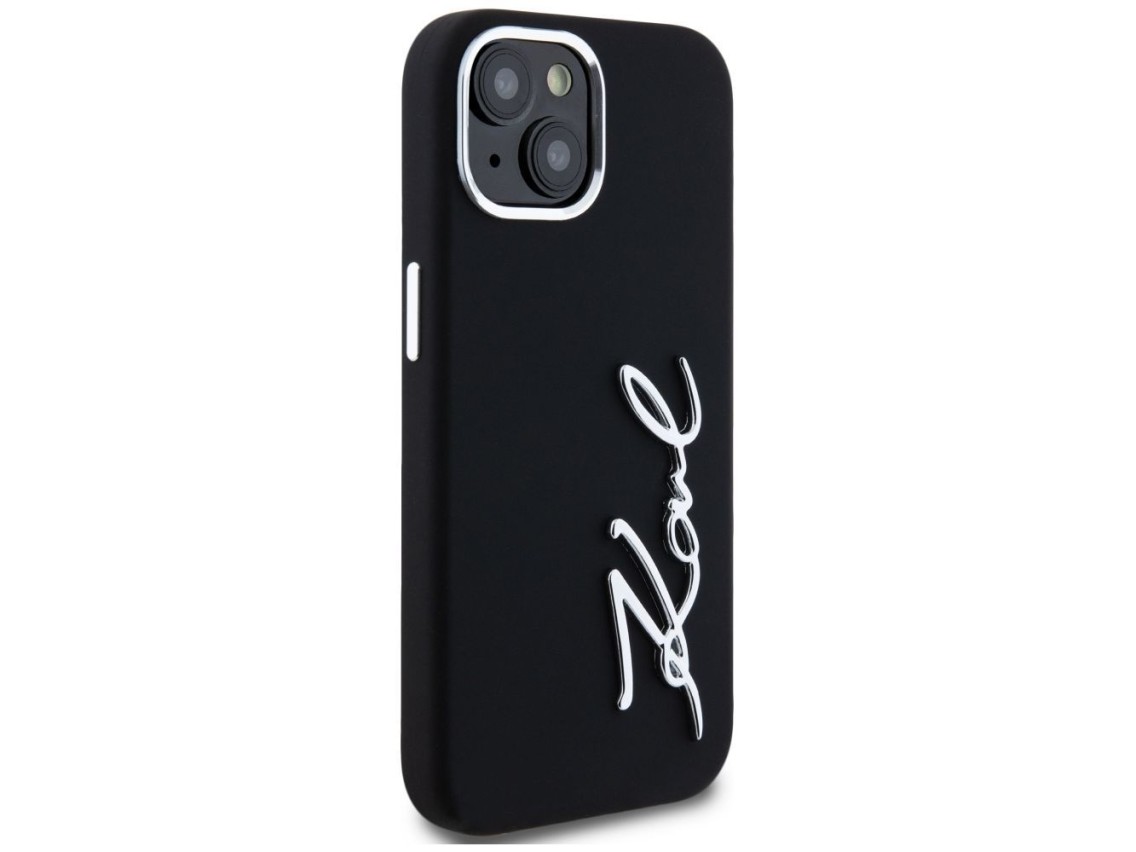 Karl Lagerfeld Silicone Metal Script Logo iPhone 15 Case - Black