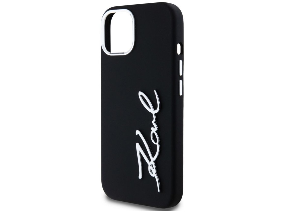 Karl Lagerfeld Silicone Metal Script Logo iPhone 15 Case - Black