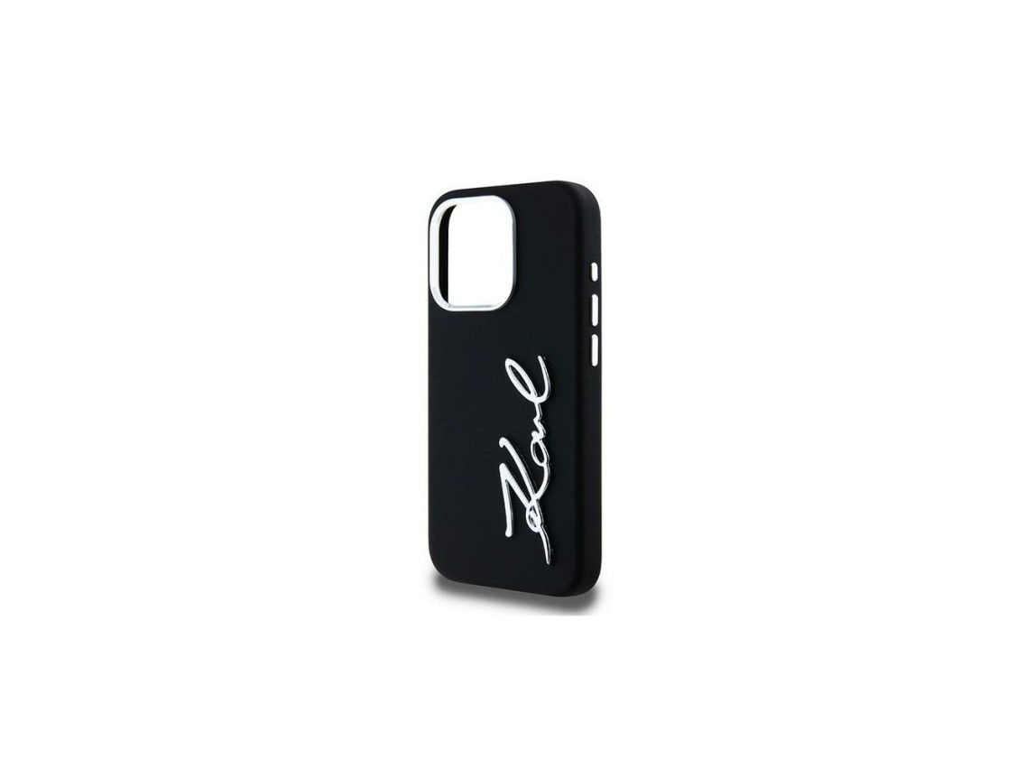 Capa para iPhone 15 Pro Max com logotipo Karl Lagerfeld em silicone e metal - Preta