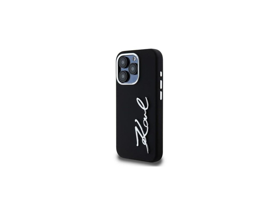Capa para iPhone 15 Pro Max com logotipo Karl Lagerfeld em silicone e metal - Preta