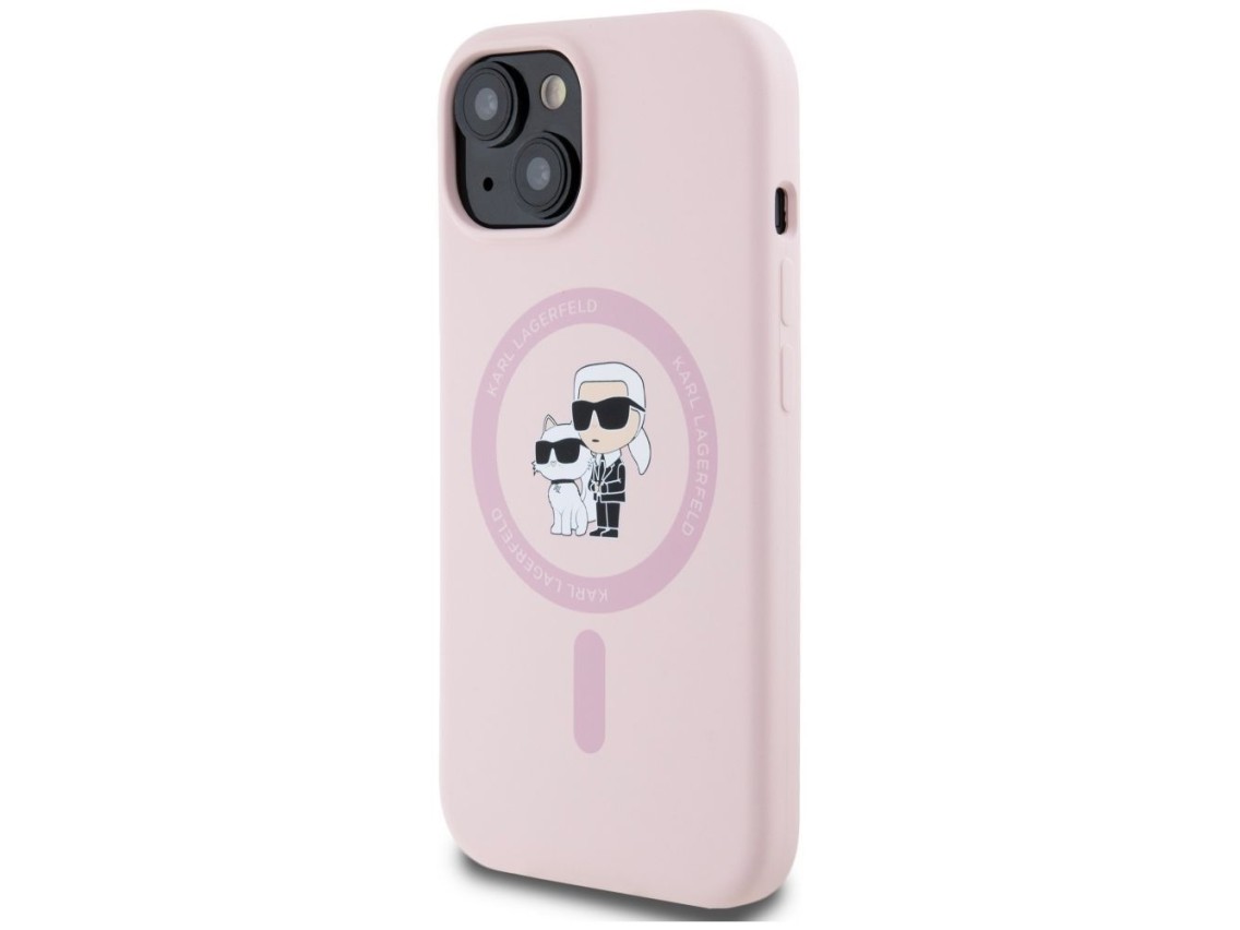 Capa Karl Lagerfeld de silicone Karl&Choupette MagSafe para iPhone 15 Plus - Rosa