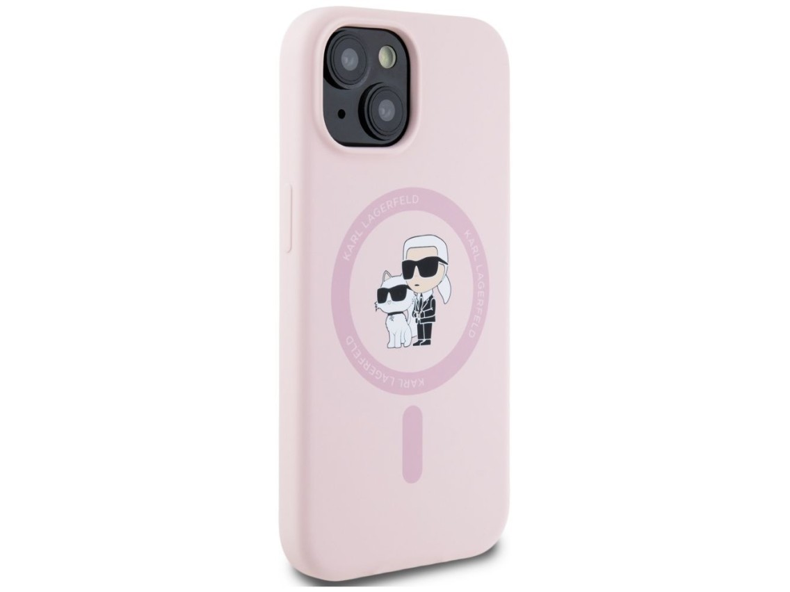 Capa Karl Lagerfeld de silicone Karl&Choupette MagSafe para iPhone 15 Plus - Rosa