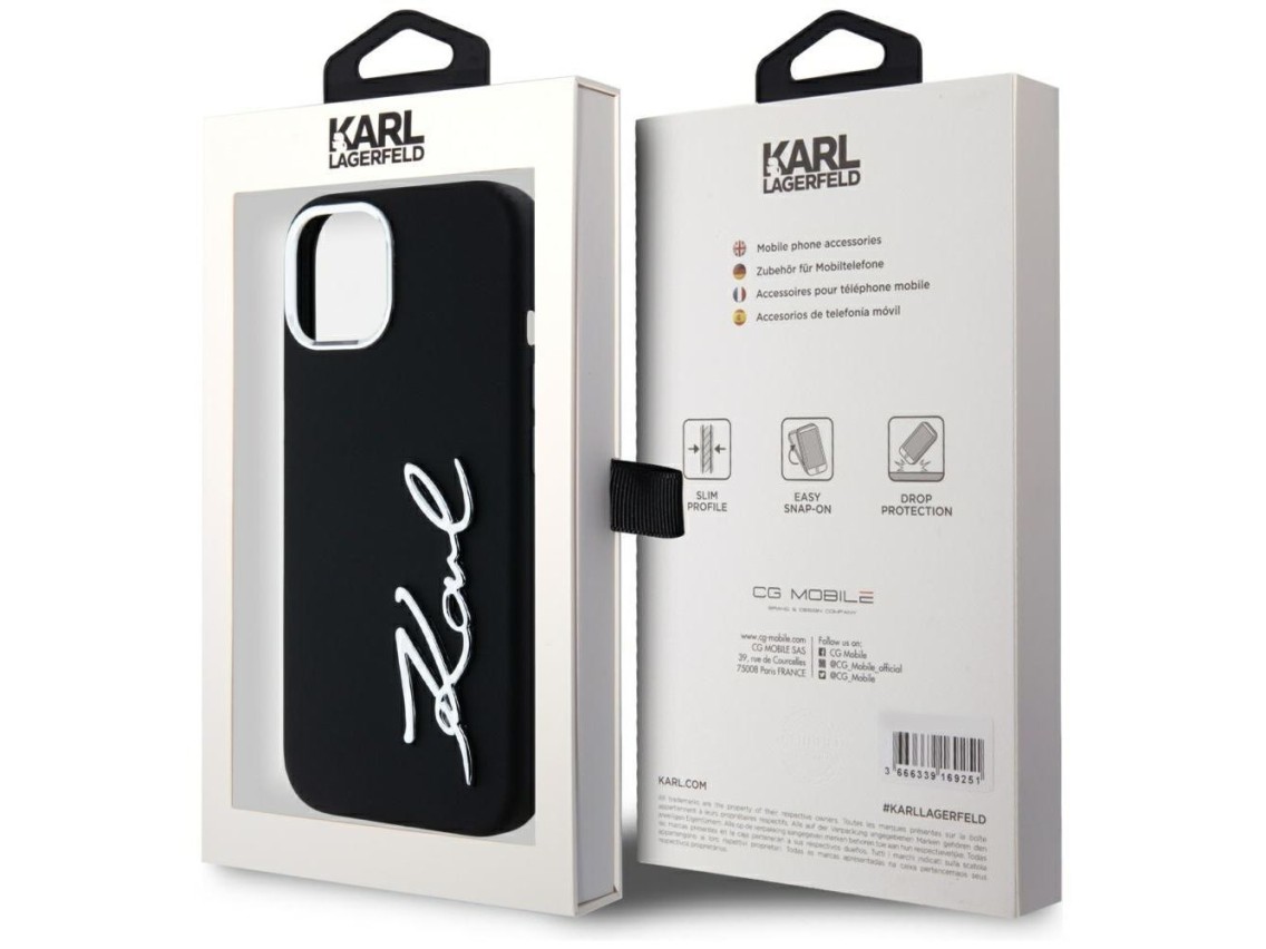 Karl Lagerfeld Silicone Metal Script Logo iPhone 15 Case - Black