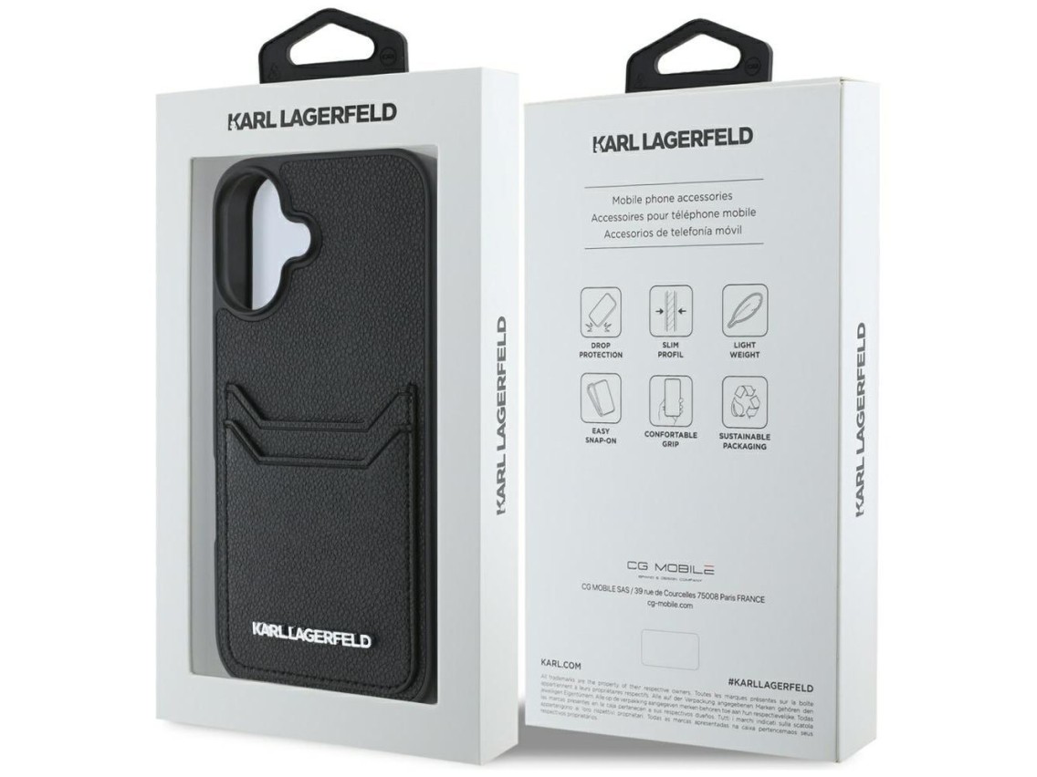 Karl Lagerfeld HC Grained PU Cardslot Metal Elong iPhone 16 Case - Black