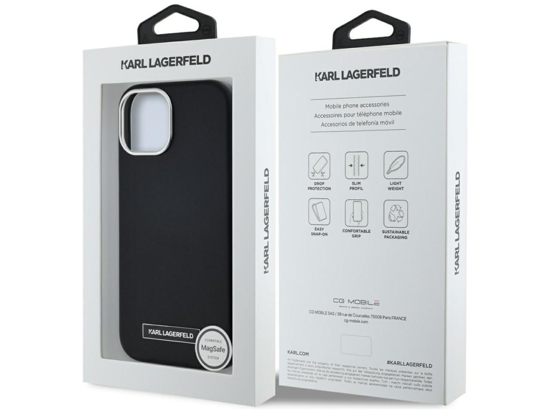 Capa MagSafe Karl Lagerfeld FW com placa de metal para iPhone 15 - Preta