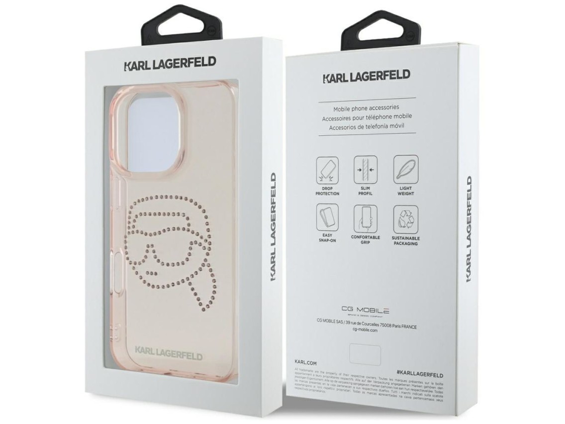 Karl Lagerfeld IML Rhinestones Karl Head Case for iPhone 16 Pro Pink