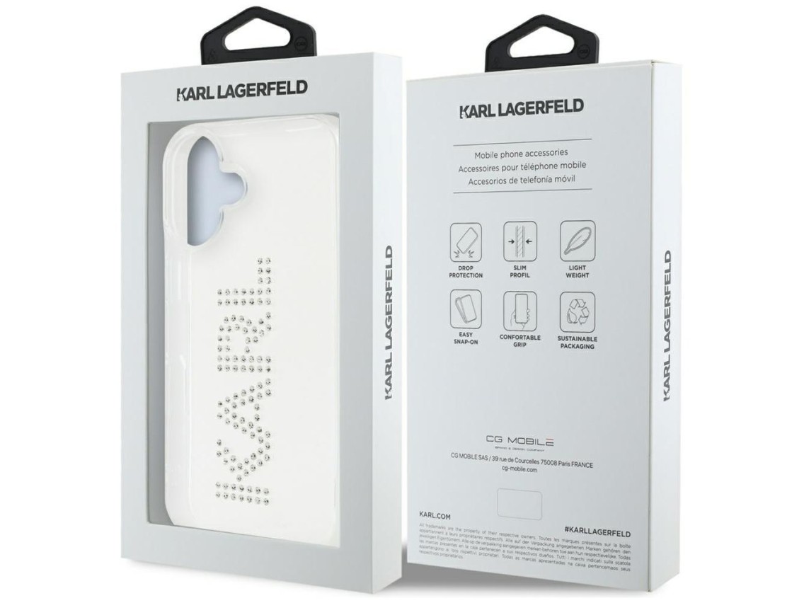 Capa para iPhone 16 com o logotipo Karl Lagerfeld IML em strass - Transparente