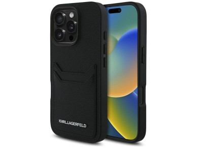 Funda Karl Lagerfeld HC de PU granulado con ranura para tarjetas y metal, alargada, para iPhone 16 P Funda Karl Lagerfeld HC de PU granulado con ranura para tarjetas y metal, alargada, para iPhone 16 P