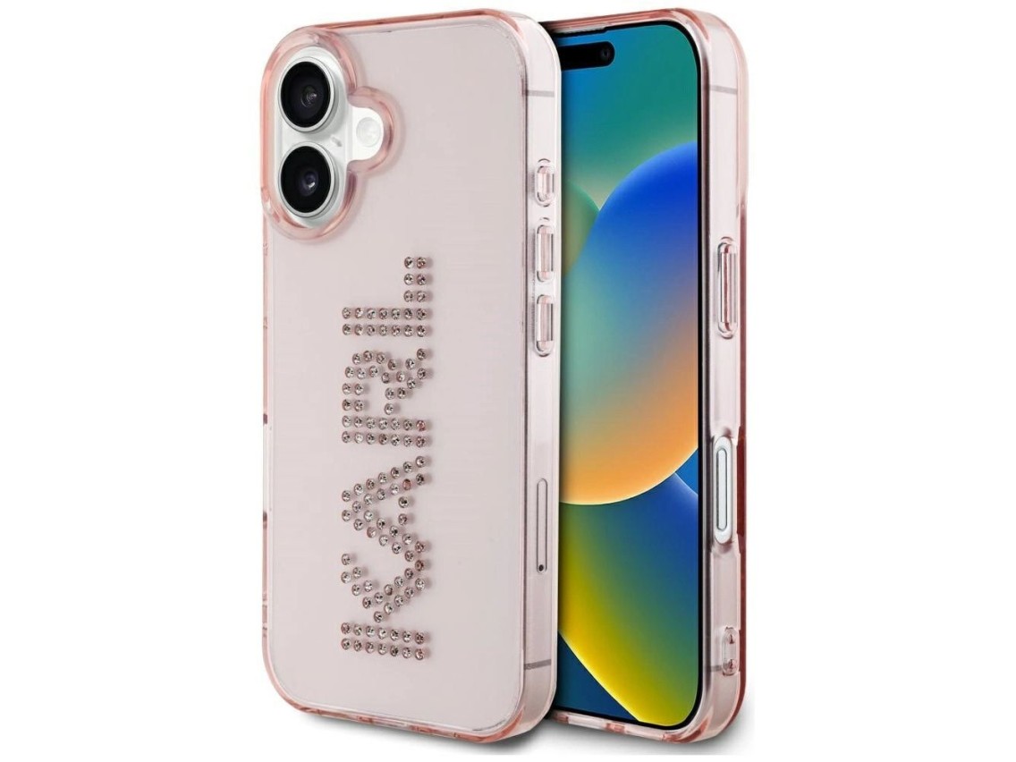Funda para iPhone 16 Karl Lagerfeld IML con logotipo de diamantes de imitación - Rosa