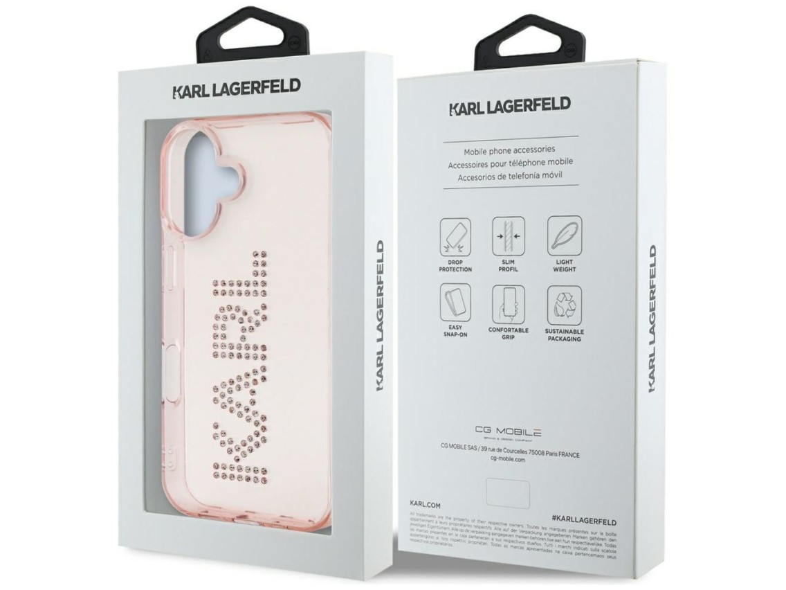 Funda para iPhone 16 Karl Lagerfeld IML con logotipo de diamantes de imitación - Rosa