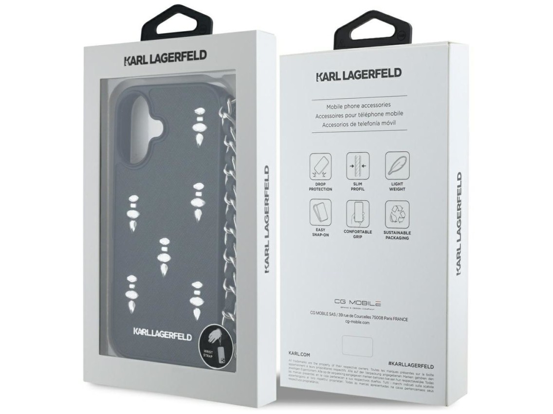 Funda para iPhone 16 Karl Lagerfeld Saffiano Crystals con cadena - Negra