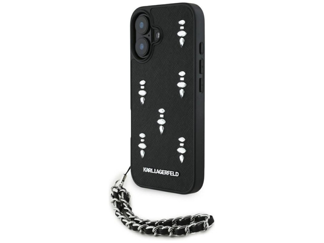 Funda para iPhone 16 Karl Lagerfeld Saffiano Crystals con cadena - Negra