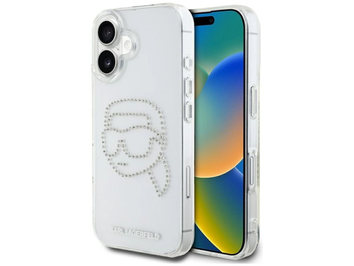 Capa transparente Karl Lagerfeld IML com strass e a cabeça do Karl Lagerfeld para iPhone 16