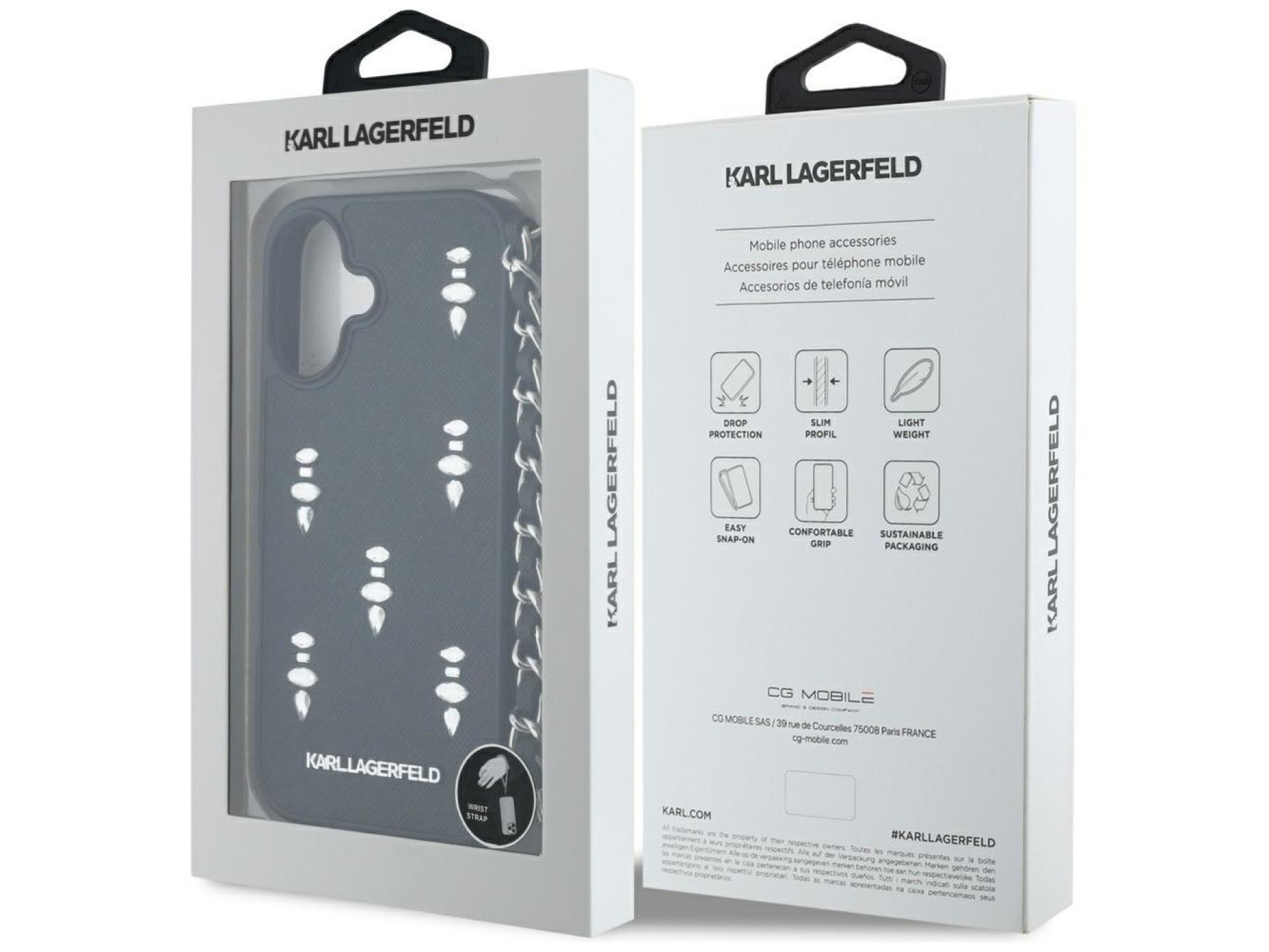 Funda para iPhone 16 Karl Lagerfeld Saffiano Crystals con cadena - Negra