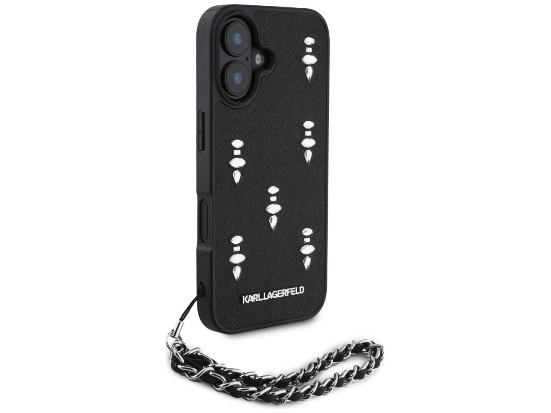 Funda para iPhone 16 Karl Lagerfeld Saffiano Crystals con cadena - Negra