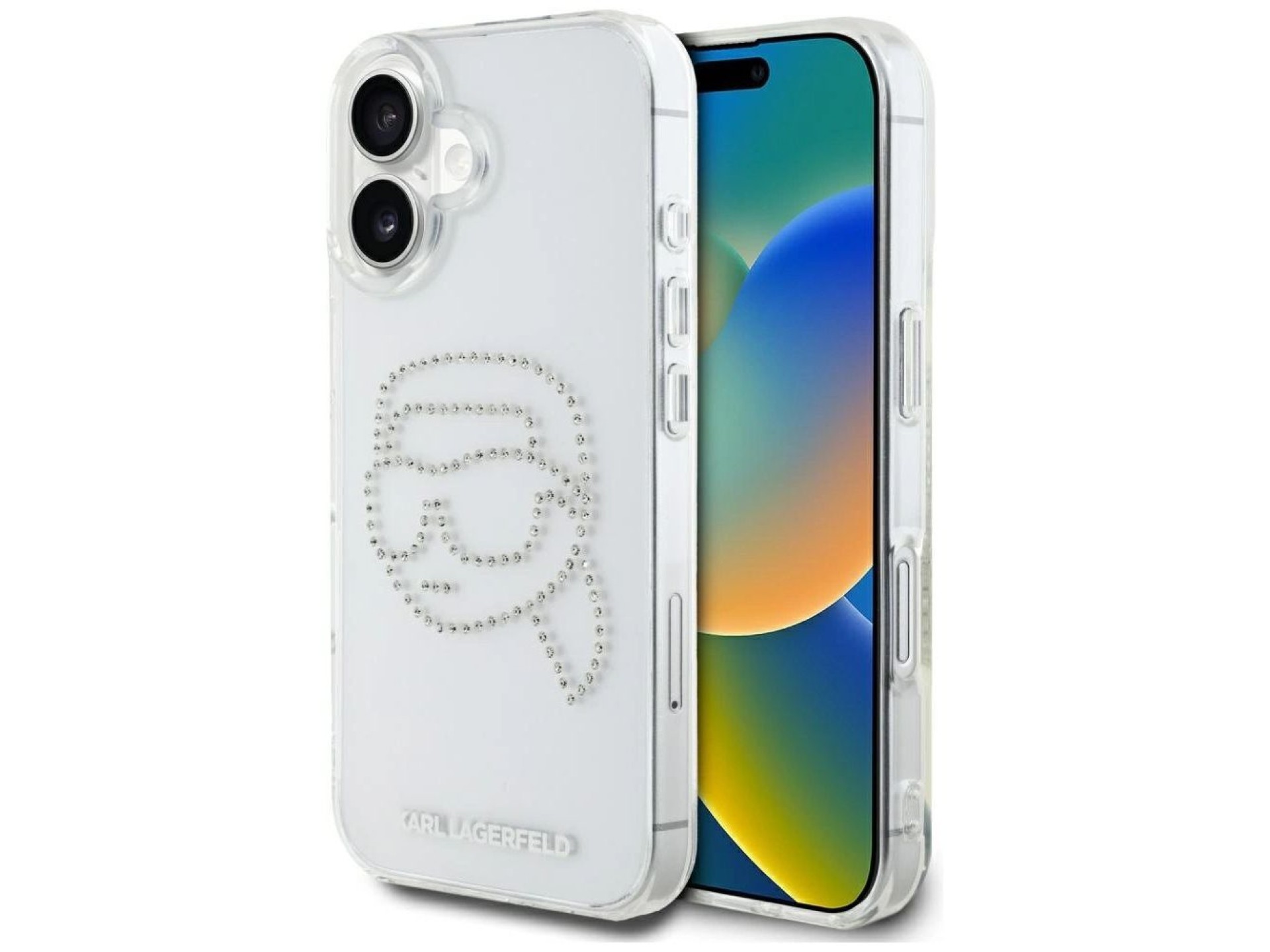 Capa transparente Karl Lagerfeld IML com strass e a cabeça do Karl Lagerfeld para iPhone 16