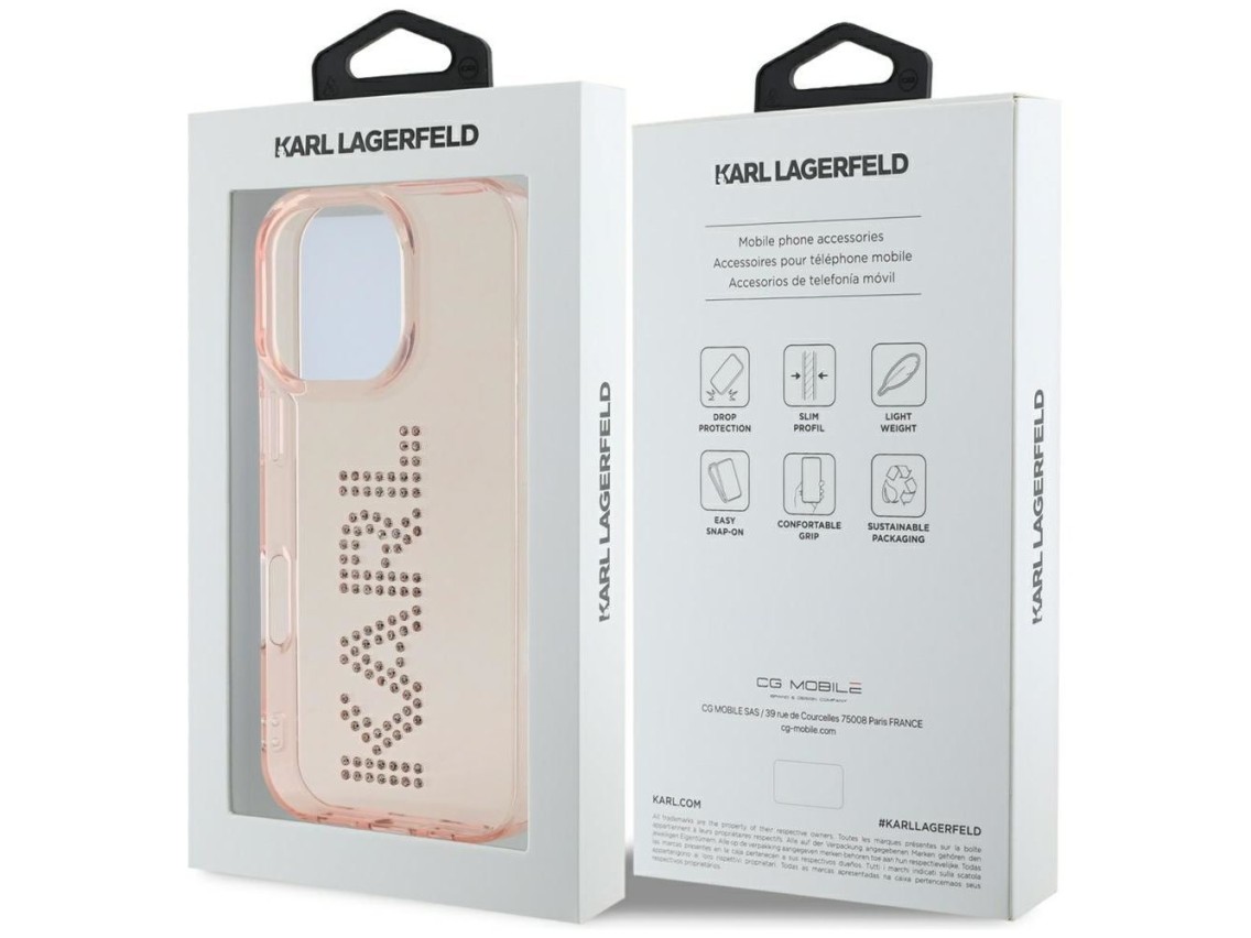 Capa para iPhone 16 Pro Max com o logotipo Karl Lagerfeld IML em strass - Rosa