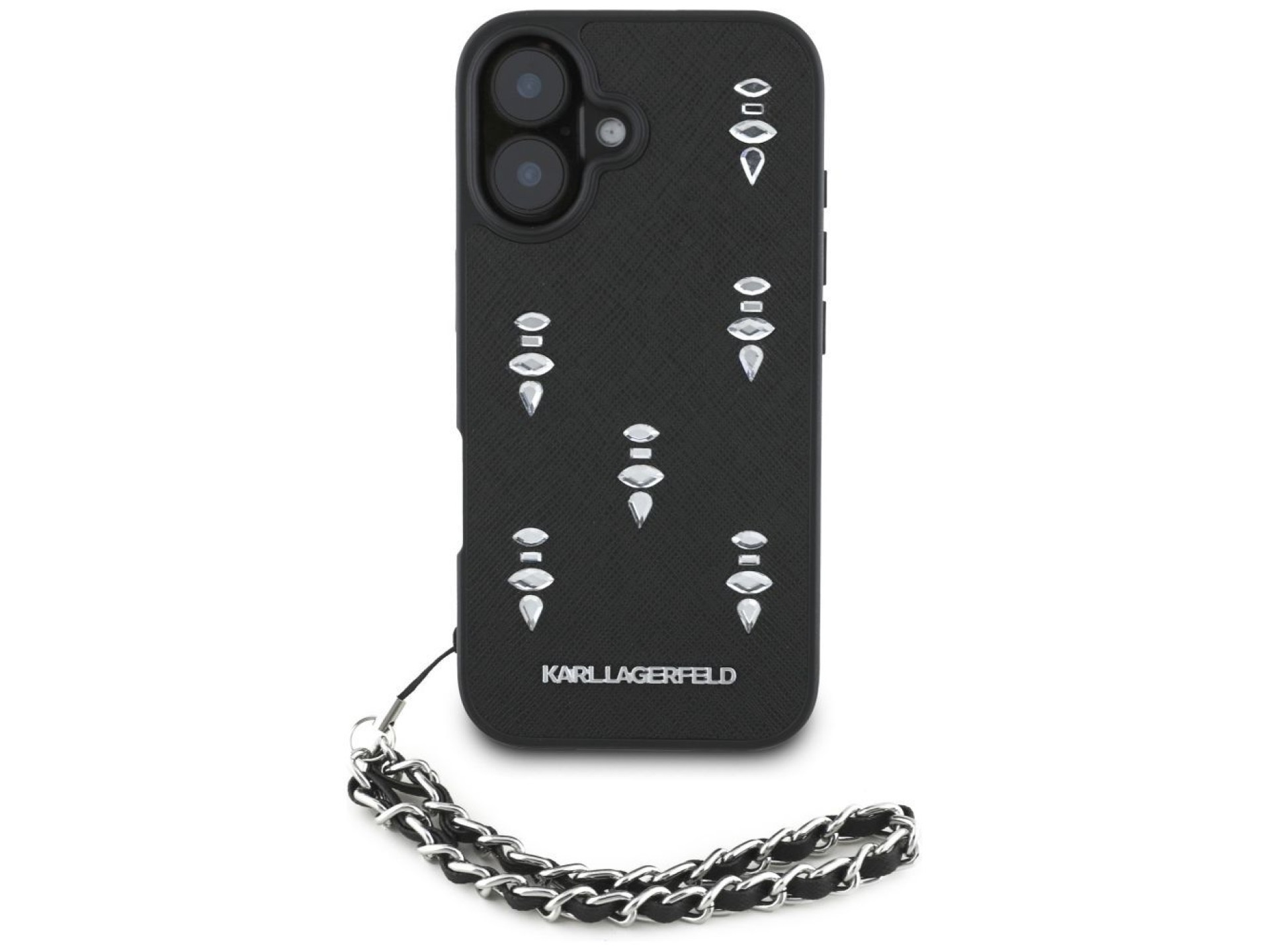 Funda para iPhone 16 Karl Lagerfeld Saffiano Crystals con cadena - Negra