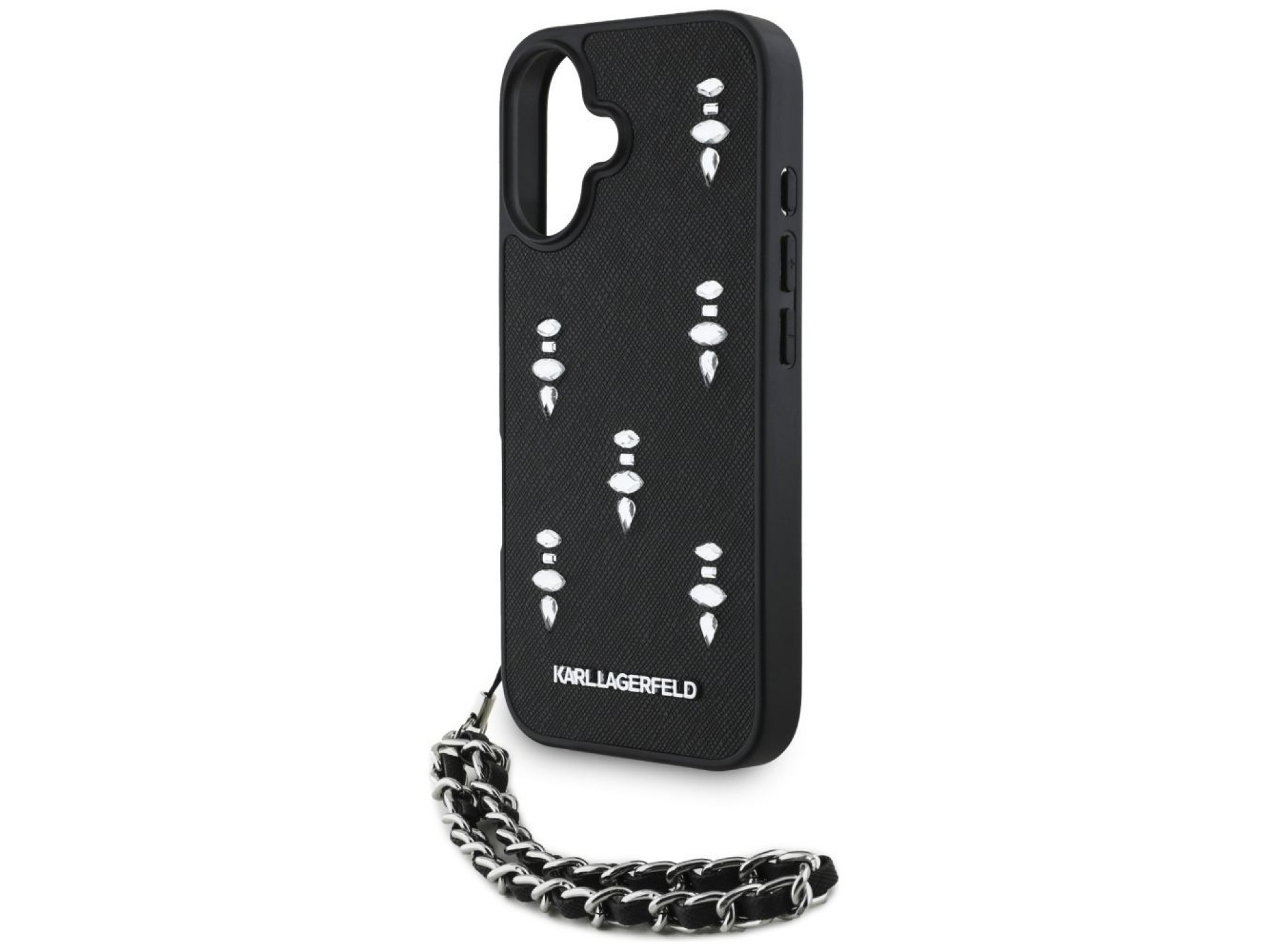 Funda para iPhone 16 Karl Lagerfeld Saffiano Crystals con cadena - Negra