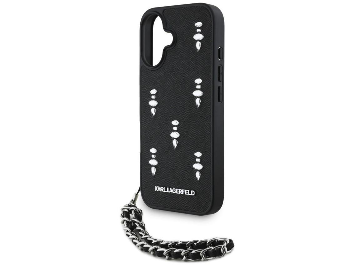 Funda para iPhone 16 Karl Lagerfeld Saffiano Crystals con cadena - Negra