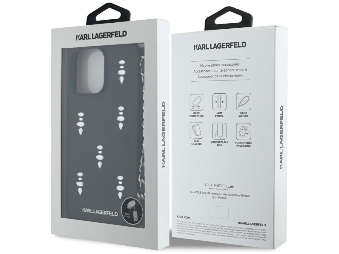 Karl Lagerfeld Saffiano Crystals w/Chain iPhone 16 Pro Case - Black