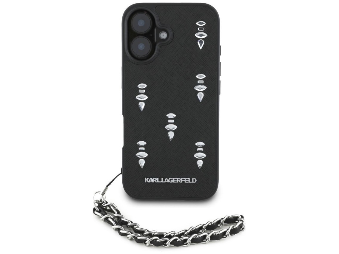 Funda para iPhone 16 Karl Lagerfeld Saffiano Crystals con cadena - Negra