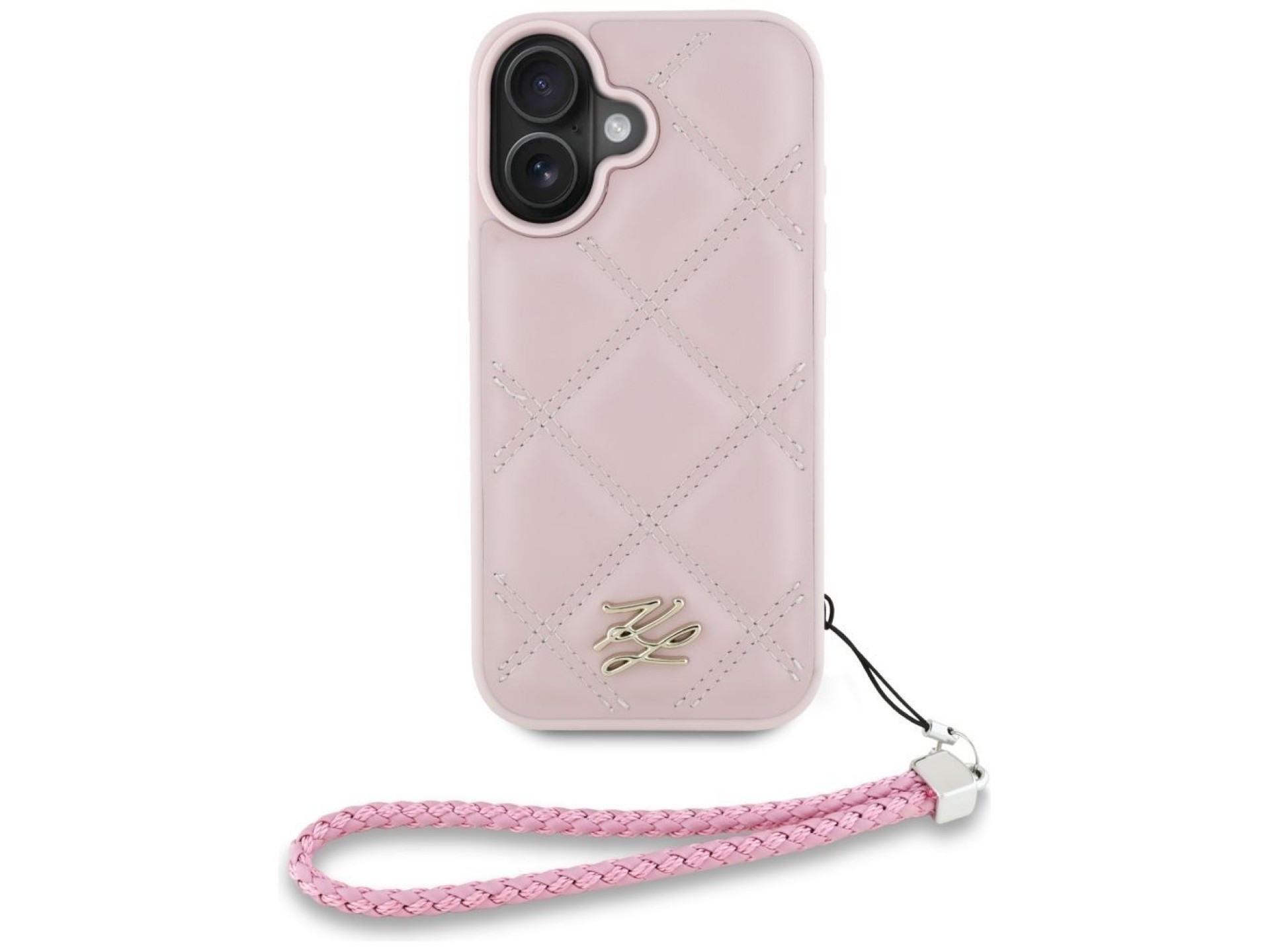 Capa para iPhone 16 com logo inicial acolchoado e alça de corrente Karl Lagerfeld - Rosa