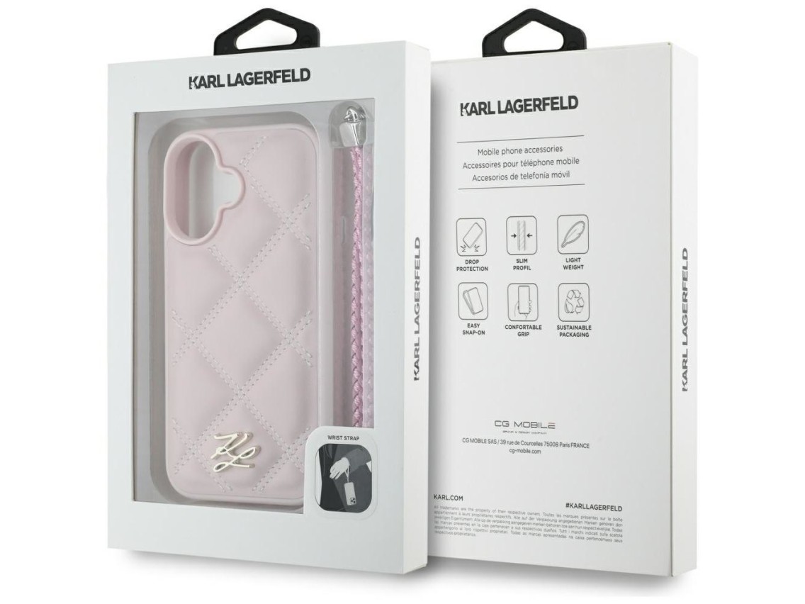 Capa para iPhone 16 com logo inicial acolchoado e alça de corrente Karl Lagerfeld - Rosa