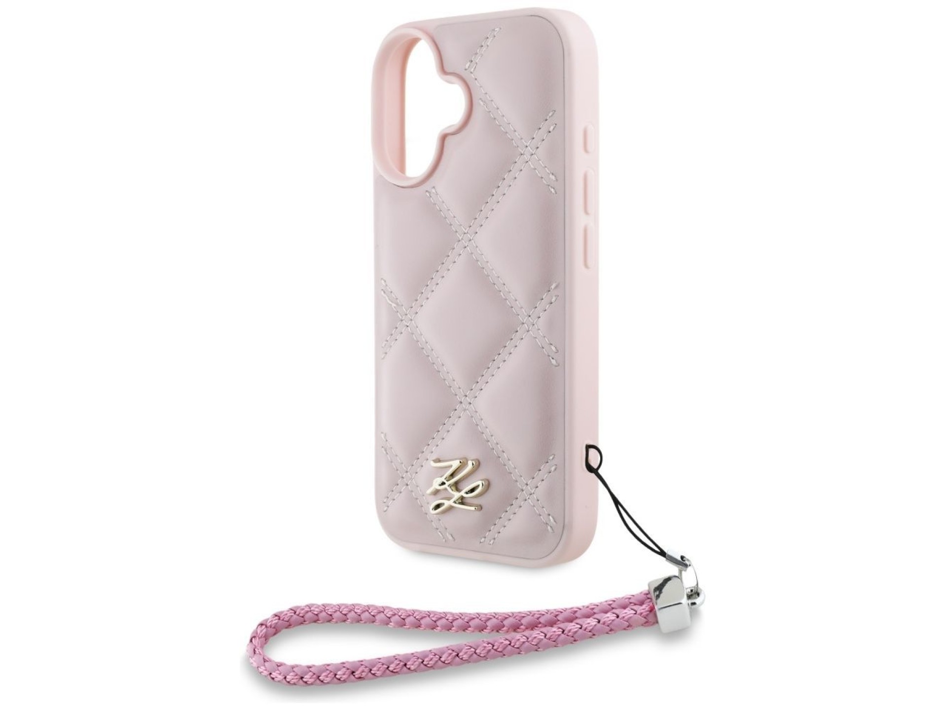 Capa para iPhone 16 com logo inicial acolchoado e alça de corrente Karl Lagerfeld - Rosa