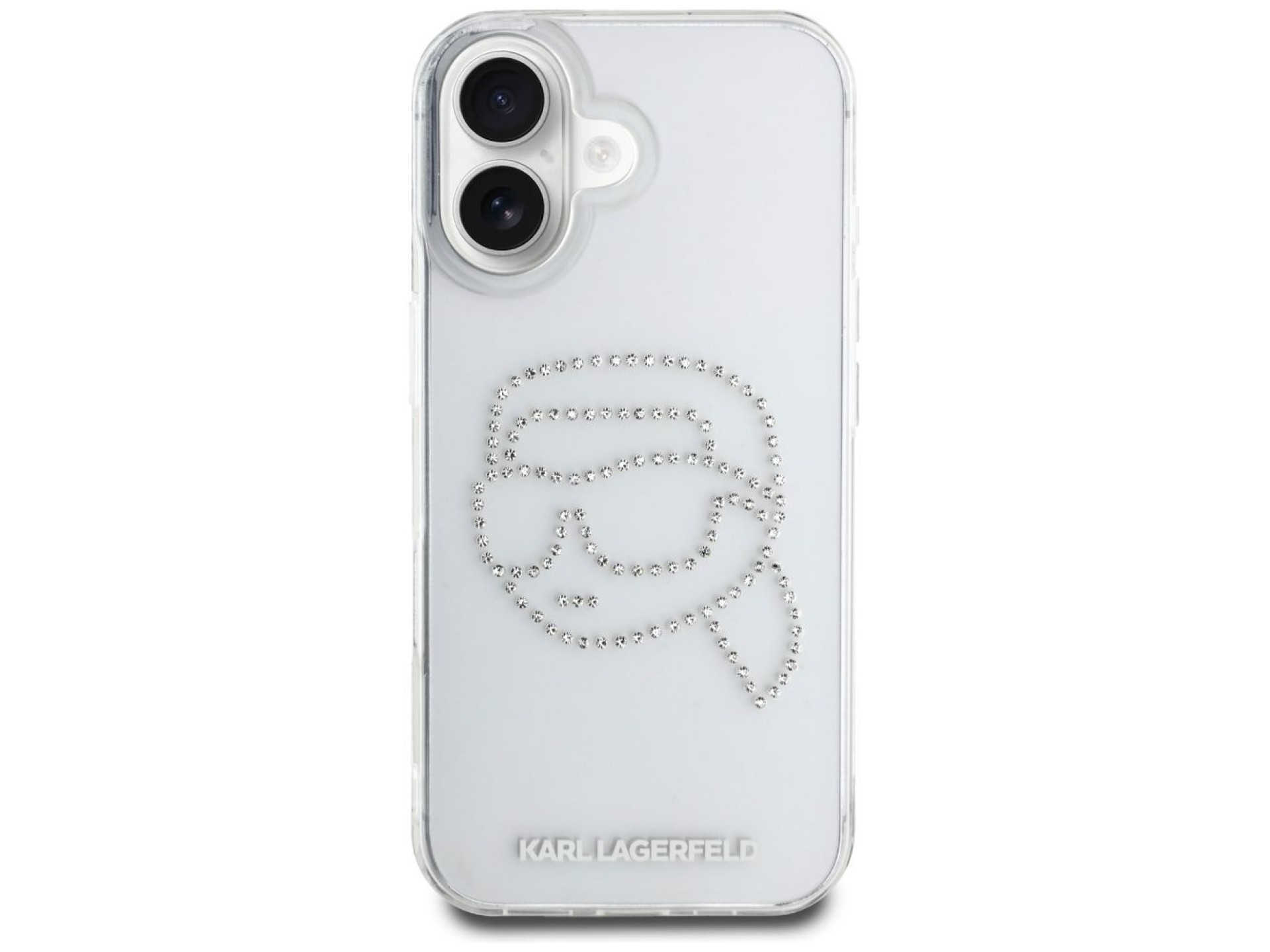 Capa transparente Karl Lagerfeld IML com strass e a cabeça do Karl Lagerfeld para iPhone 16