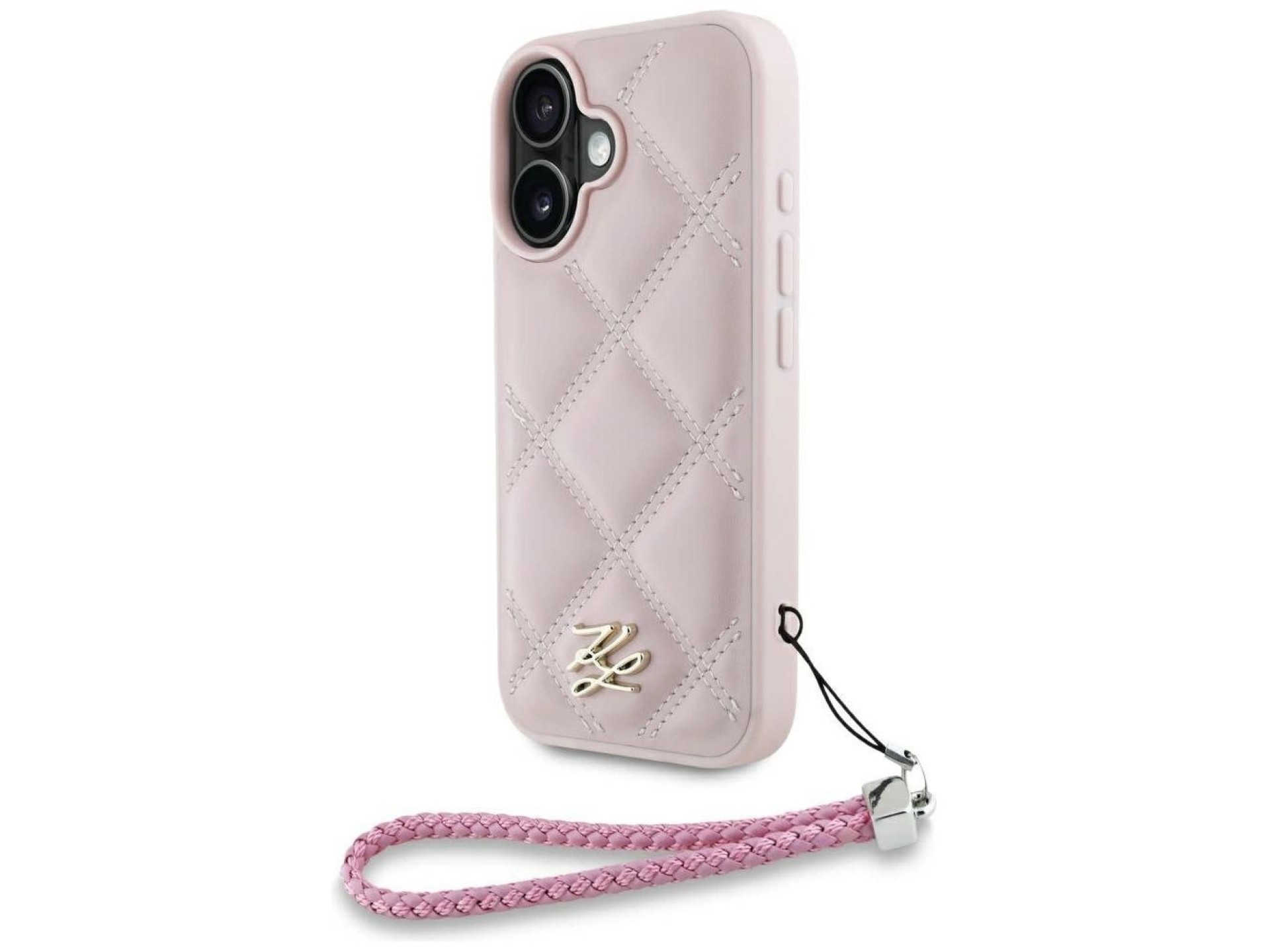 Capa para iPhone 16 com logo inicial acolchoado e alça de corrente Karl Lagerfeld - Rosa