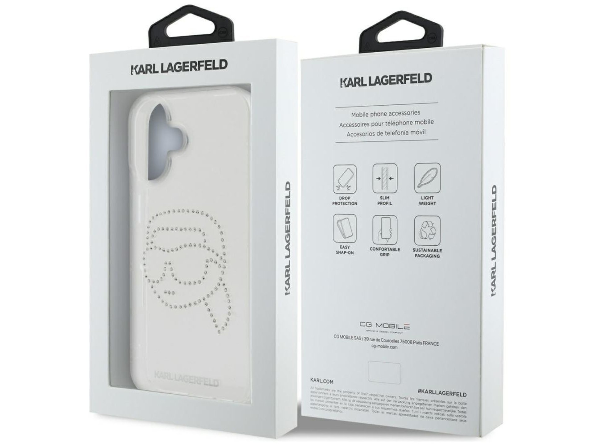 Capa transparente Karl Lagerfeld IML com strass e a cabeça do Karl Lagerfeld para iPhone 16