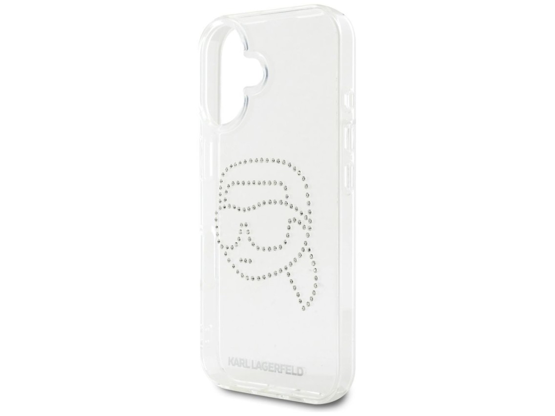 Capa transparente Karl Lagerfeld IML com strass e a cabeça do Karl Lagerfeld para iPhone 16