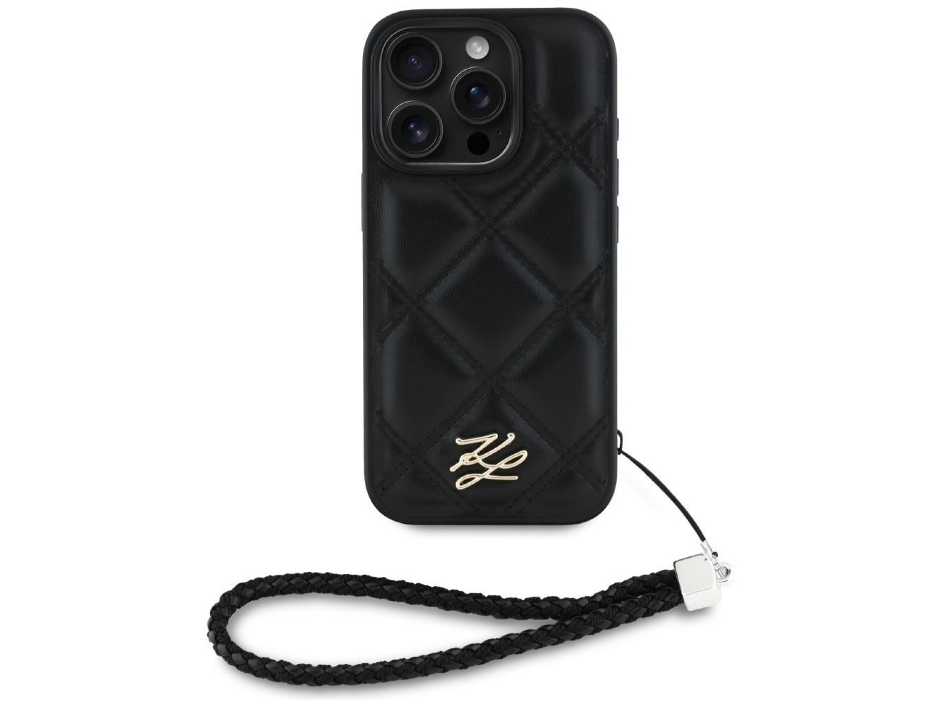 Karl Lagerfeld Quilted Initial Logo & Chain Strap iPhone 16 Pro Case - Black