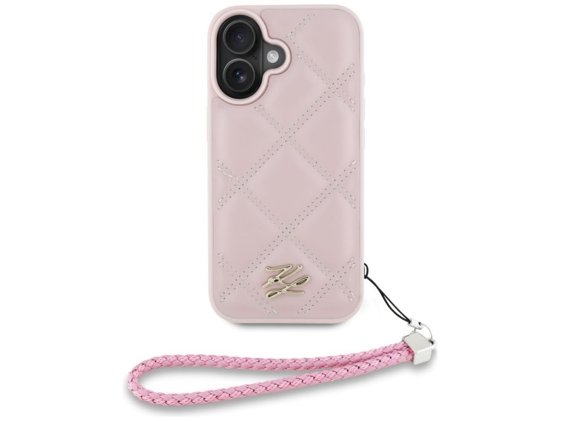 Capa para iPhone 16 com logo inicial acolchoado e alça de corrente Karl Lagerfeld - Rosa