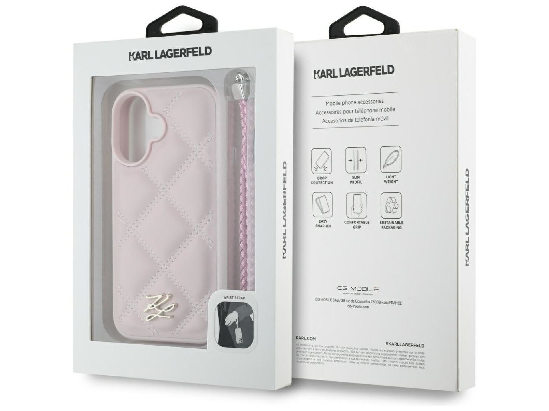 Capa para iPhone 16 com logo inicial acolchoado e alça de corrente Karl Lagerfeld - Rosa