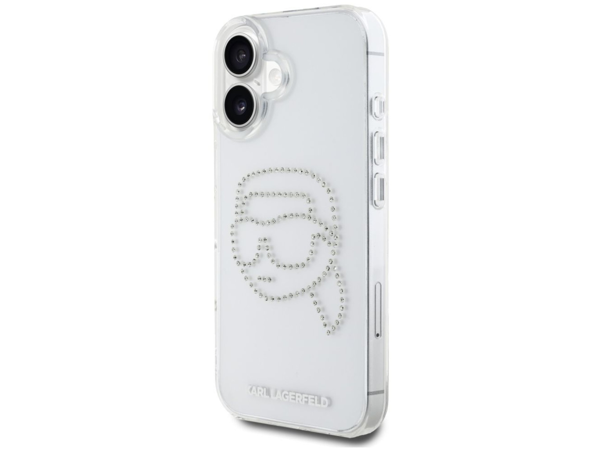 Capa transparente Karl Lagerfeld IML com strass e a cabeça do Karl Lagerfeld para iPhone 16