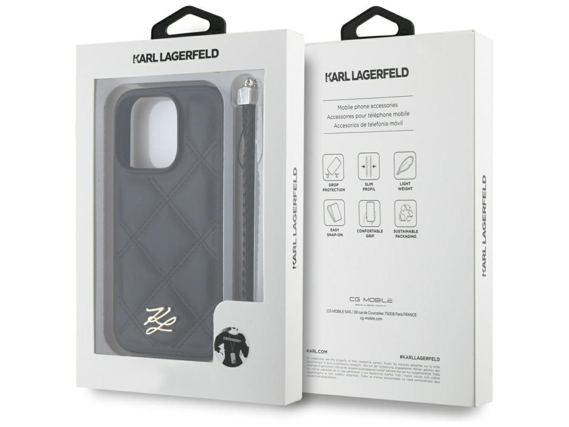 Karl Lagerfeld Quilted Initial Logo & Chain Strap iPhone 16 Pro Case - Black