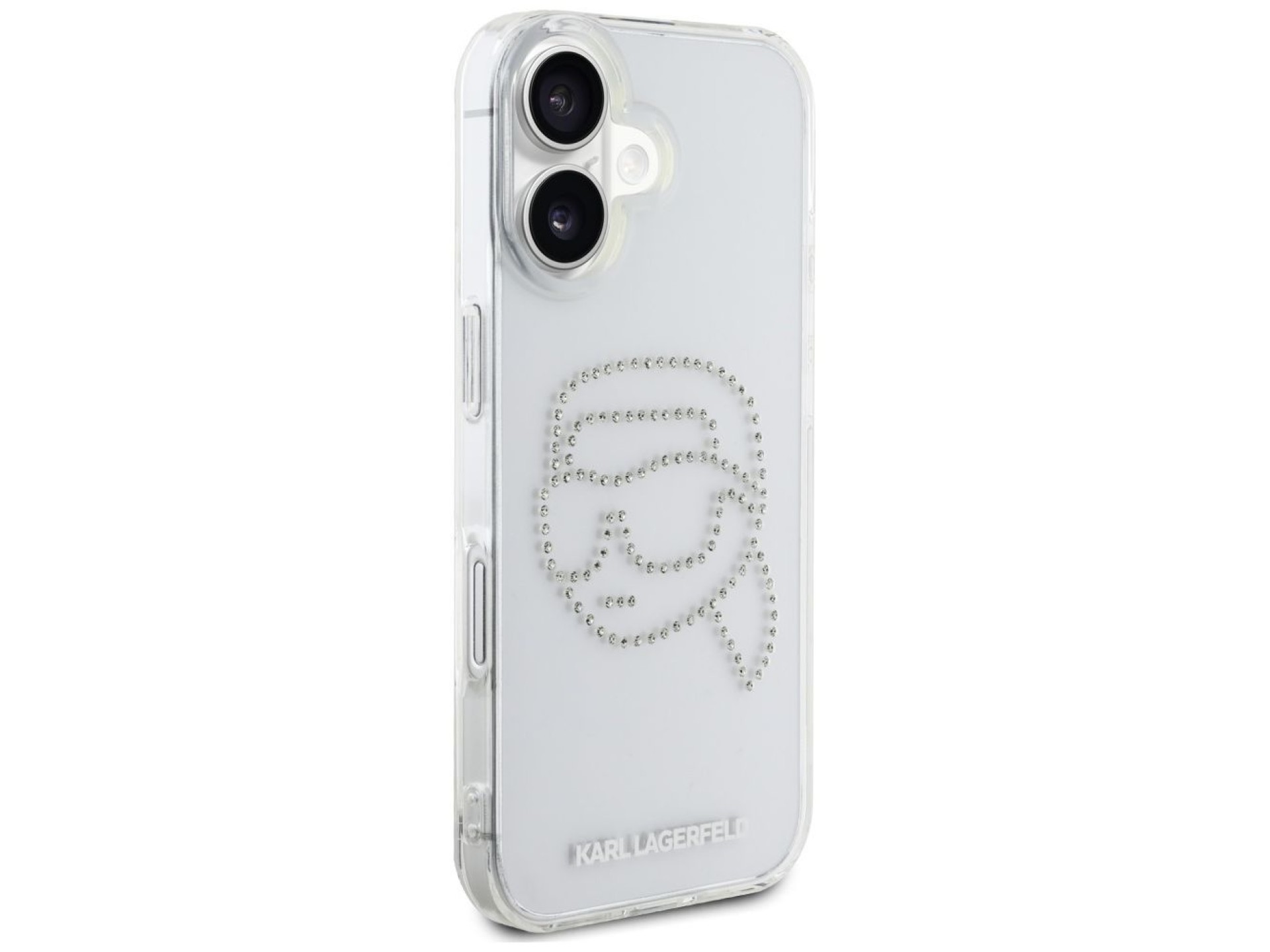 Capa transparente Karl Lagerfeld IML com strass e a cabeça do Karl Lagerfeld para iPhone 16