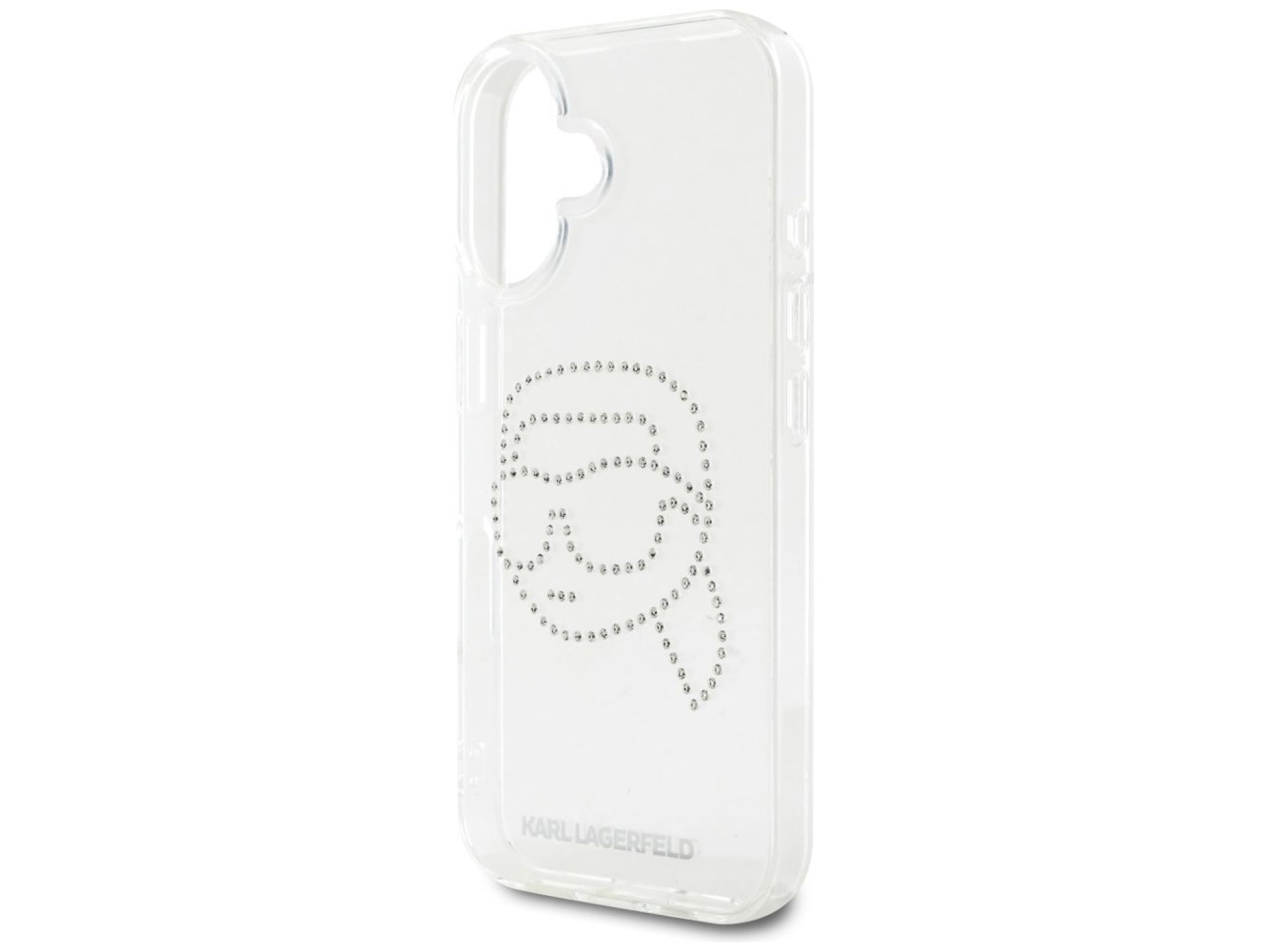 Capa transparente Karl Lagerfeld IML com strass e a cabeça do Karl Lagerfeld para iPhone 16