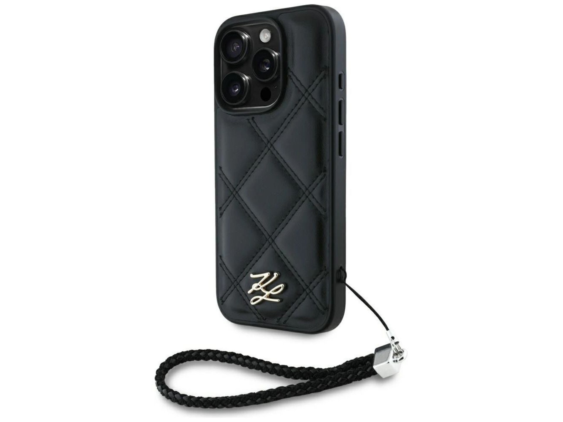 Karl Lagerfeld Quilted Initial Logo & Chain Strap iPhone 16 Pro Case - Black
