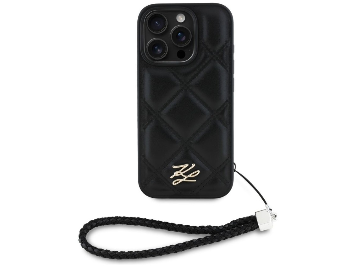 Karl Lagerfeld Quilted Initial Logo & Chain Strap iPhone 16 Pro Case - Black