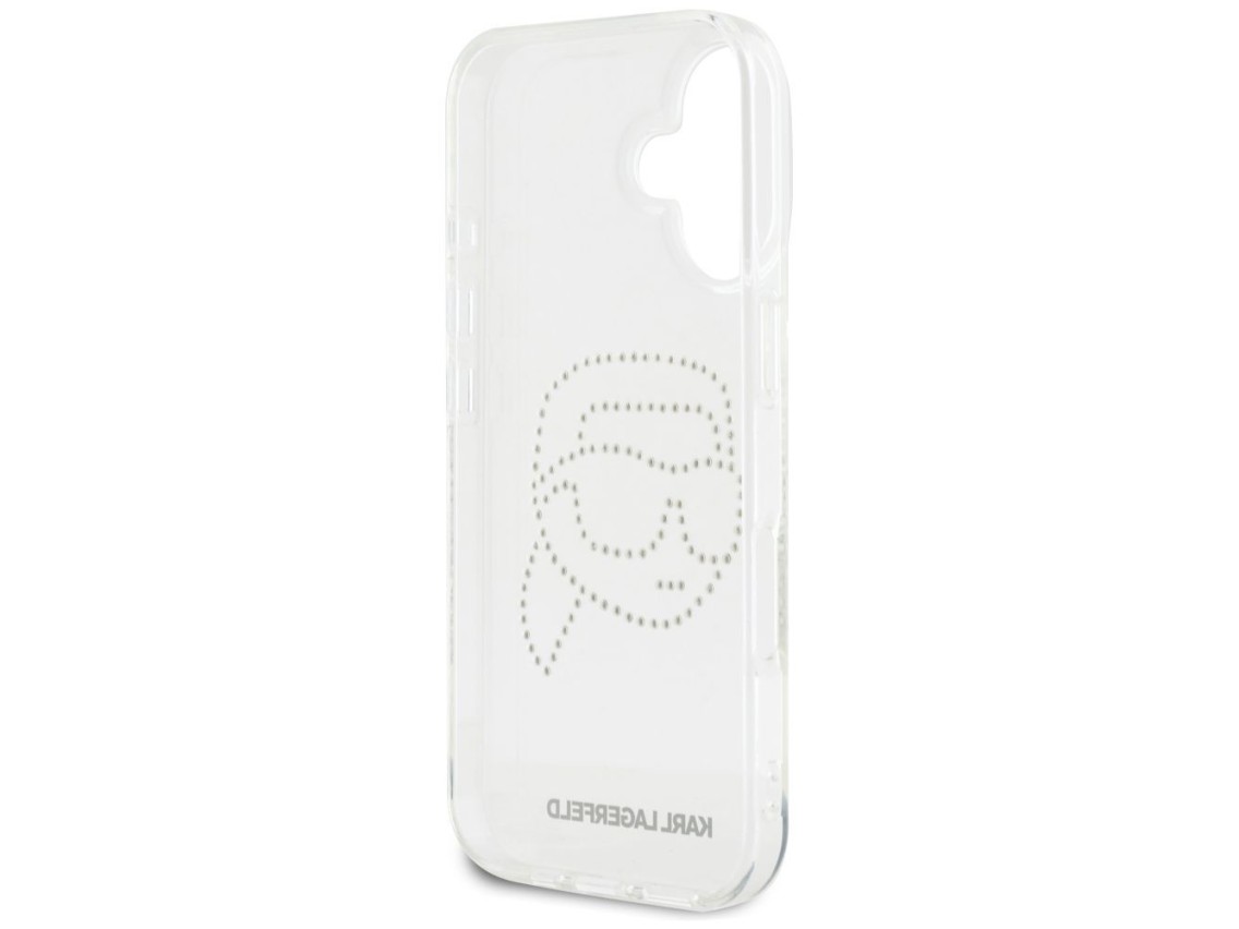Capa transparente Karl Lagerfeld IML com strass e a cabeça do Karl Lagerfeld para iPhone 16