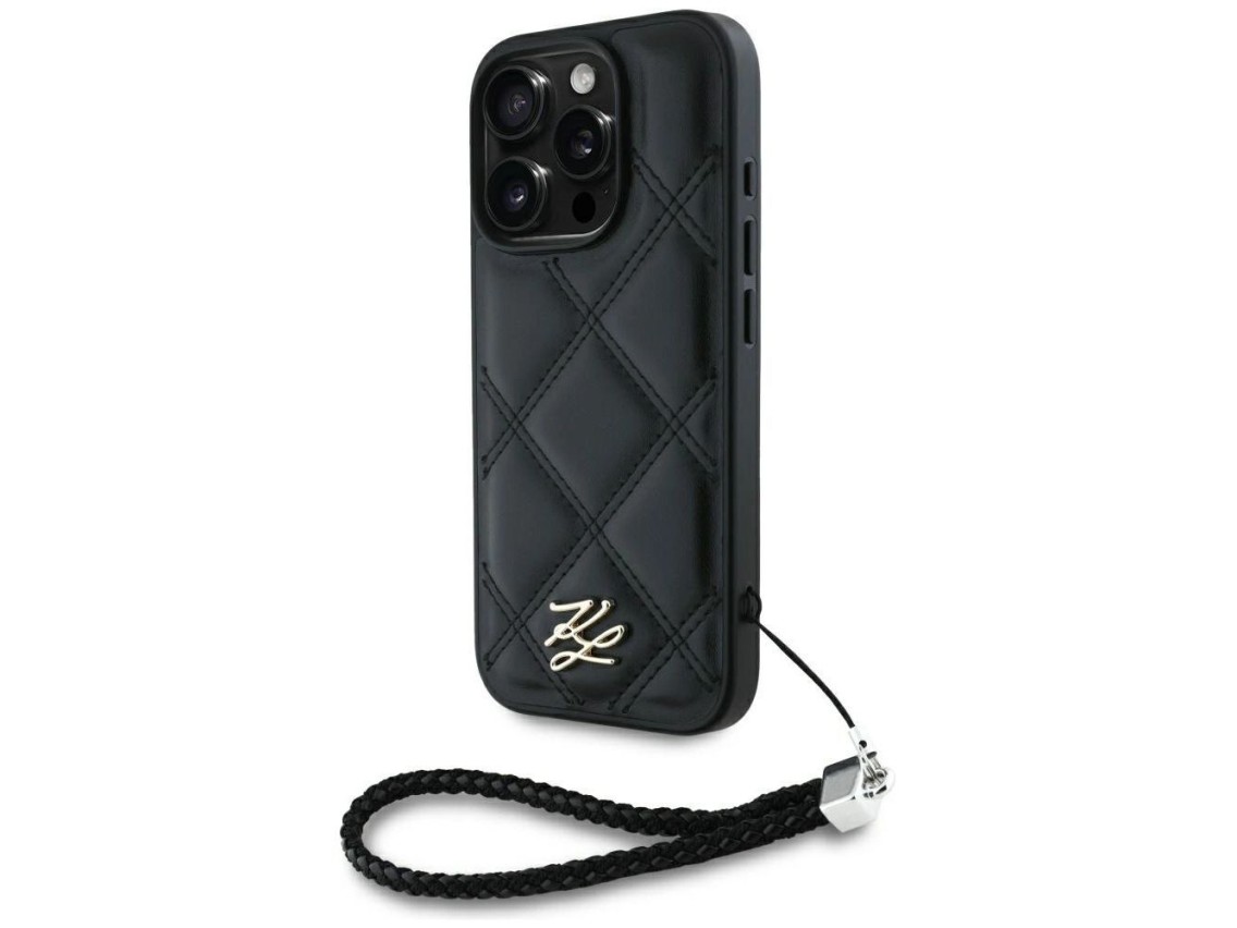 Karl Lagerfeld Quilted Initial Logo & Chain Strap iPhone 16 Pro Case - Black