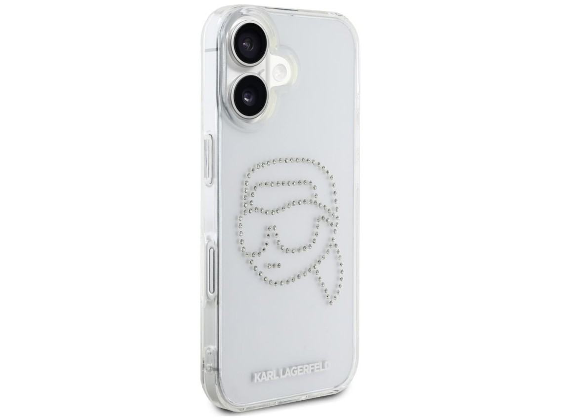 Capa transparente Karl Lagerfeld IML com strass e a cabeça do Karl Lagerfeld para iPhone 16