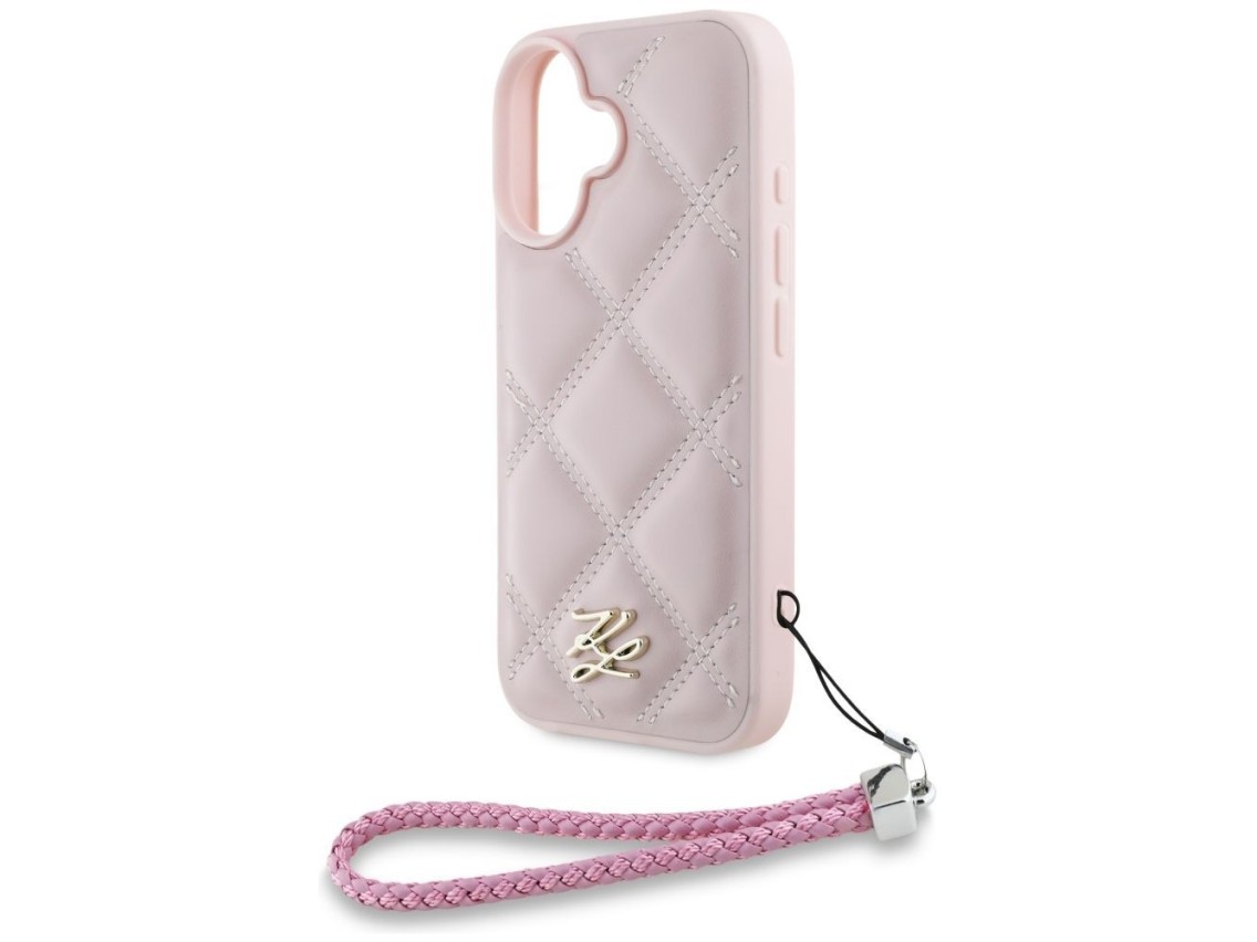 Capa para iPhone 16 com logo inicial acolchoado e alça de corrente Karl Lagerfeld - Rosa