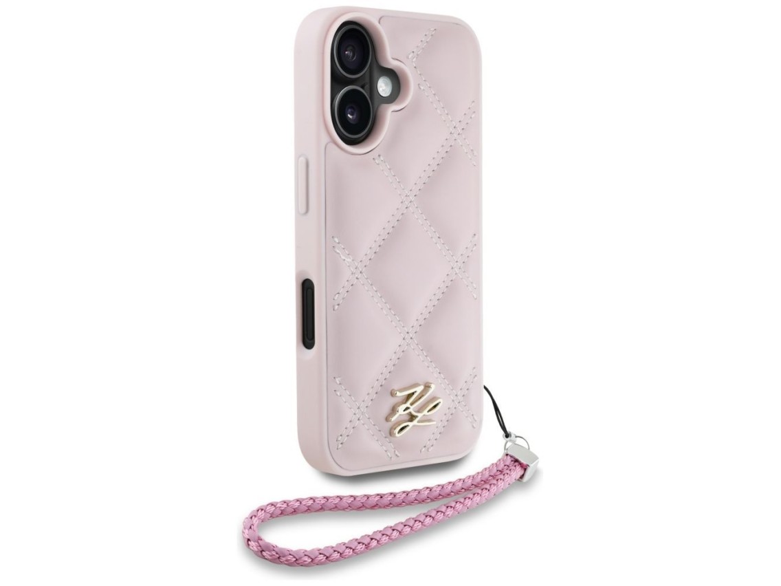 Capa para iPhone 16 com logo inicial acolchoado e alça de corrente Karl Lagerfeld - Rosa